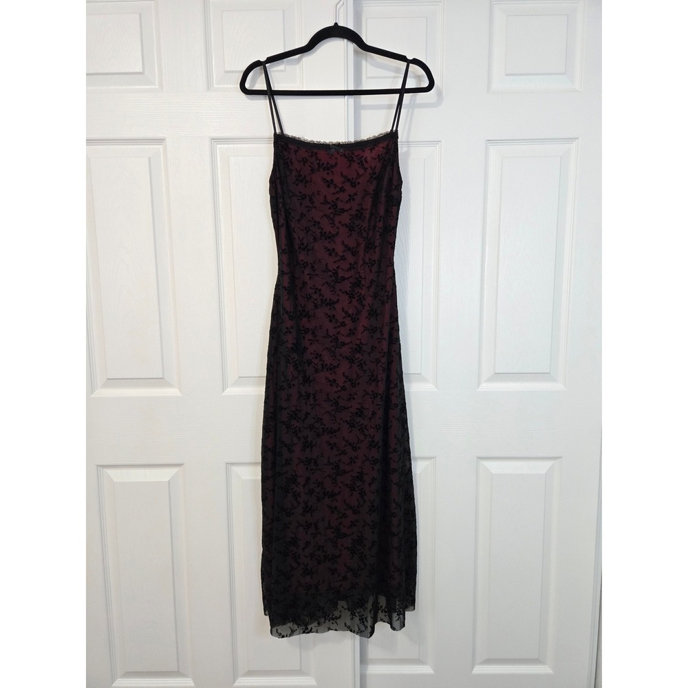 Vintage 90s Style Red Black Floral Flocked Mesh Maxi Dress Lace Trim Goth L